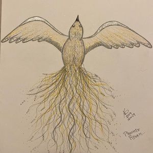 Unframed Original Drawing Illustration art Phoenix Risen w Metallic Highlights